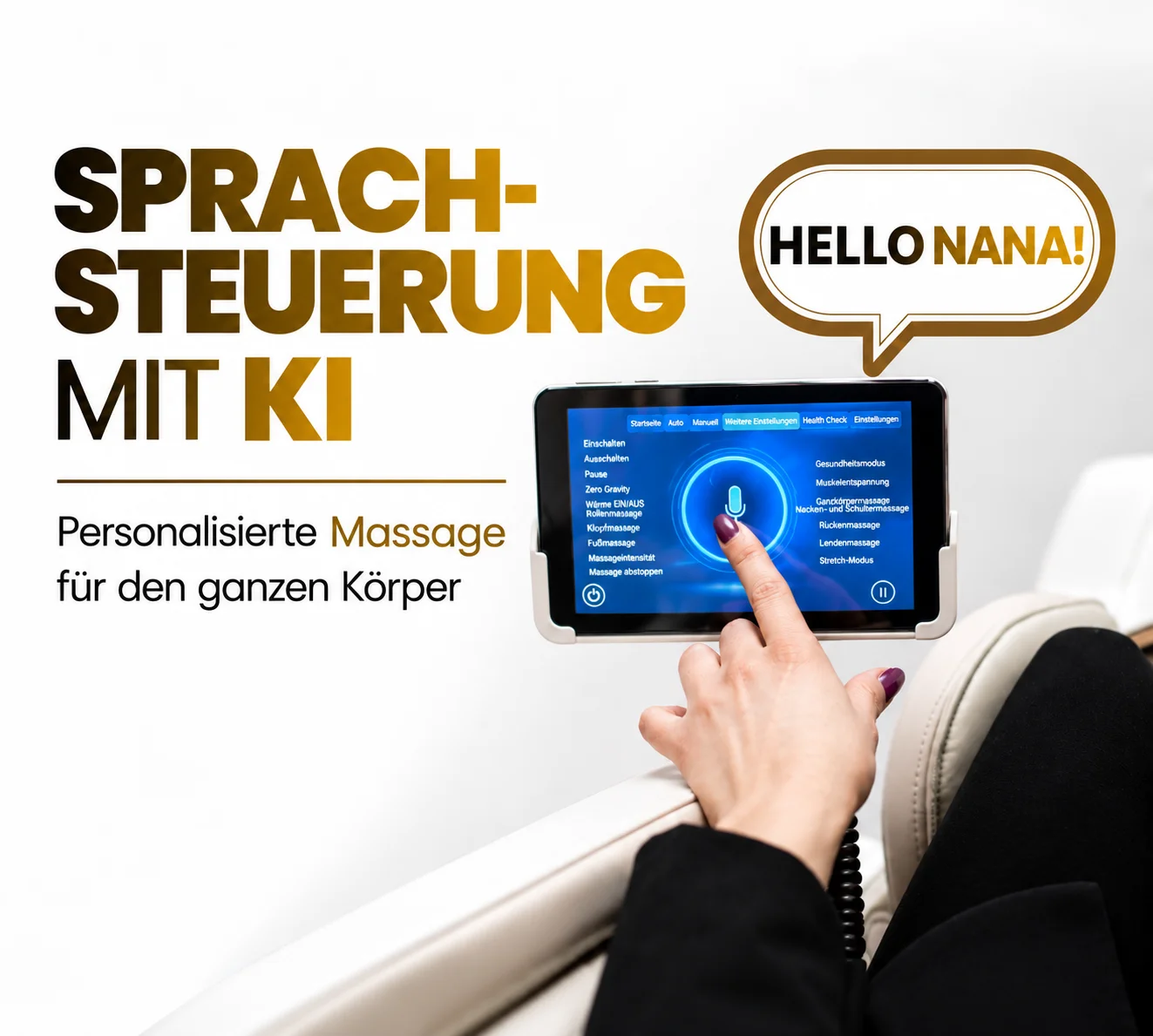 4D Massagesessel mit KI-Sprachsteuerung und HD-Touchscreen für eine individuell einstellbare Ganzkörpermassage.